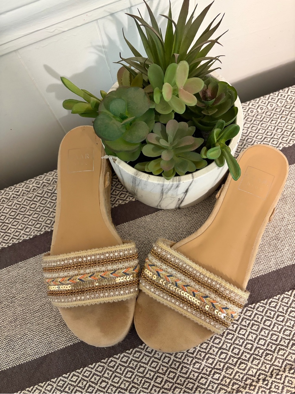 Boho Beaded Espadrille Slides | Woven Platform Sandals | Neutral Summer